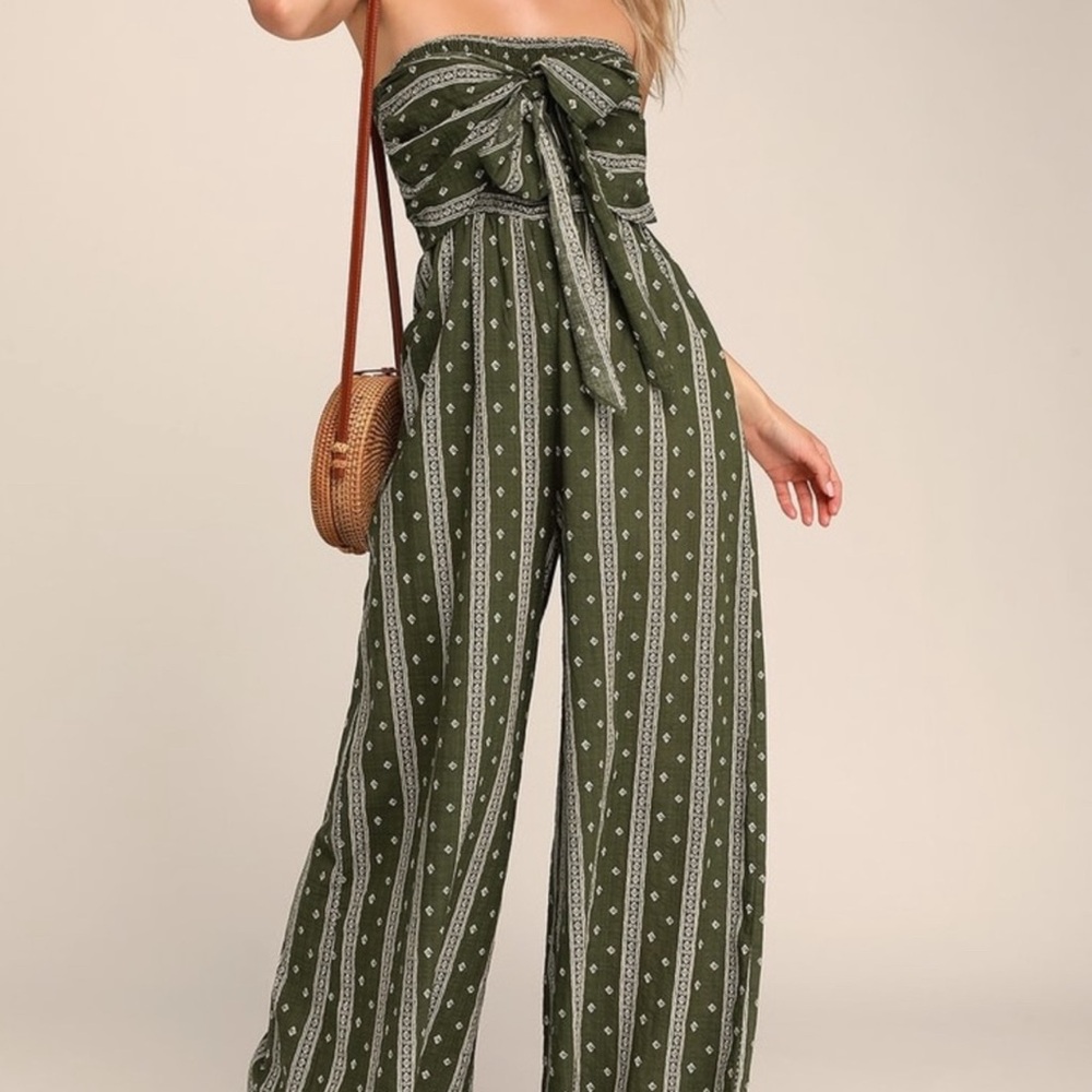 Lulu's Green Strapless Patterned Jumpsuit